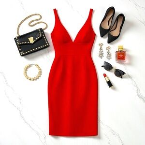 Bianca Nero Red V-Neck Bodycon Midi Cocktail Dress Size XS